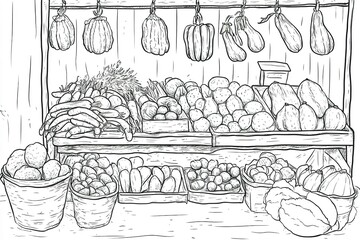 A market fruit stand scene, featuring fresh produce like apples, peaches, lemons, and pomegranates, drawn in a thick-lined coloring book style
