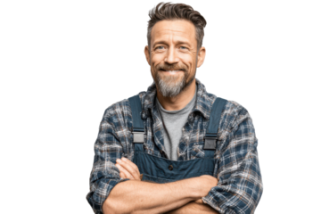 Portrait of a confident truck driver smiling, set against a clean white backdrop