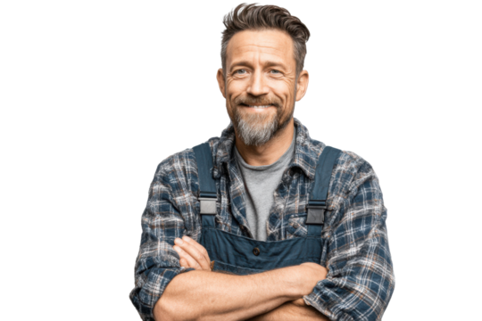 Portrait of a confident truck driver smiling, set against a clean white backdrop