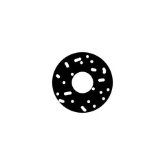 Simple black vector icon of a donut with sprinkles, representing sweet treats and bakery goods