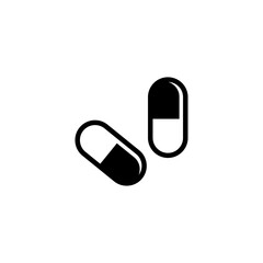 Simple black vector icon of two capsule pills, representing medication and pharmaceuticals