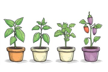 Fototapeta premium A set of vegetable plants growing in pots--tomato, bell pepper, basil, and eggplant--outlined in a cute and educational sketch style