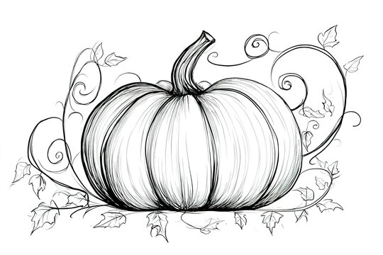 A pumpkin with swirling vine tendrils, drawn in a simple, easy-to-color outline sketch