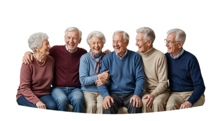 Elderly friends smiling and laughing together in a comfortable setting 