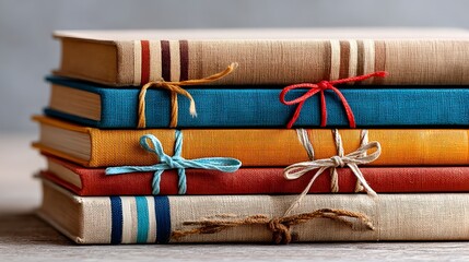 Nostalgic stack of vintage books with colorful bookmarks