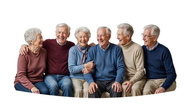 Elderly friends smiling and laughing together in a comfortable setting 