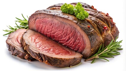 Deliciously prepared and sliced roast beef with fresh herbs and seasonings, close up