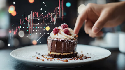 Tempting chocolate cake with raspberries urban culinary innovation close-up modern food photography financial data overlay