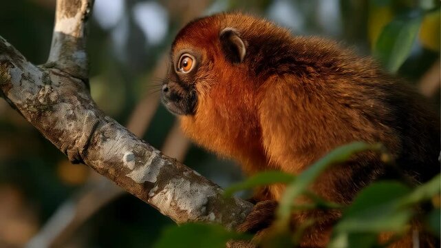 Close-up portrait of a coppery titi monkey perched on a branch in the rainforest, looking left, with dappled sunlight filtering through leaves