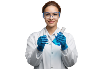 Lab tech demonstrating experiments with glassware in a modern lab