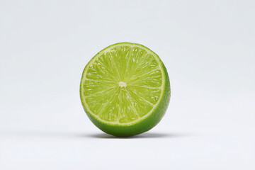 A lime is cut in half and is sitting on a white background. The lime is green and has a fresh, healthy appearance