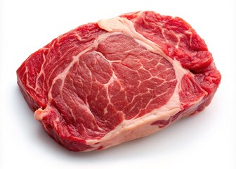 Close up of a beautifully marbled uncooked ribeye steak on white
