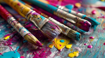 Fototapeta premium Messy paintbrushes with vibrant acrylic splashes - creative art process