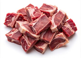 Pile of Freshly Cut Lamb Meat Cubes on a White Background Ready for Cooking