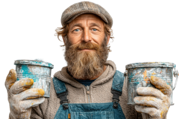 Portrait of a skilled wall painter with paint cans ready for a colorful project