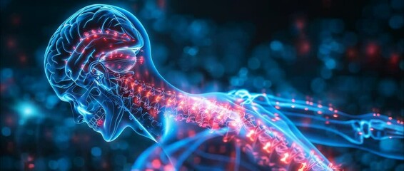 This captivating digital artwork illustrates the human nervous system with an emphasis on the spine and neural pathways in vibrant neon tones, showcasing the complexities of human anatomy.