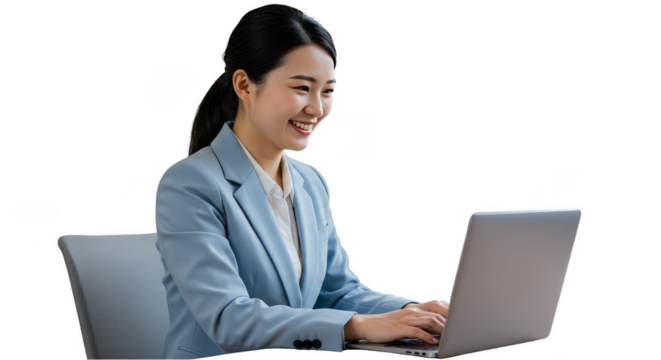 Happy Asian Business Woman Working on Laptop PNG Transparent - Powered by Adobe
