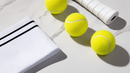 Tennis equipment arranged on a marble surface, featuring vibrant yellow balls and a towel