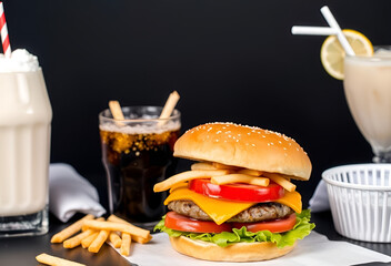 Burger with Fries, Soda, and Milkshake on Dark Background
