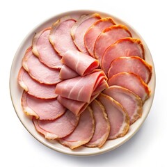 Overhead Shot of a Plate Featuring Slices and Rolls of Smoked Ham