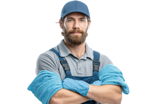 Skilled window cleaner working diligently in an urban environment with determination