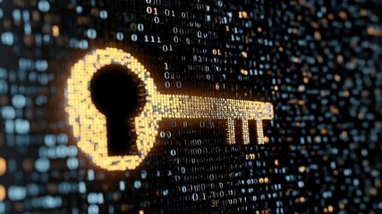 Key silhouette composed of glowing binary code elements representing digital security, encryption, and modern technology in a dark background - Powered by Adobe