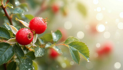 Obraz premium Bright red rosehip fruit with green leaves and close-up dew drops.