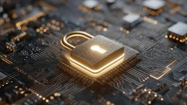 High-Tech Secure Data Protection Concept with Digital Lock on Circuit Board Representing Cybersecurity and Advanced Technology Innovations