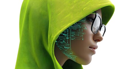 Futuristic digital portrait of a mysterious hacker woman