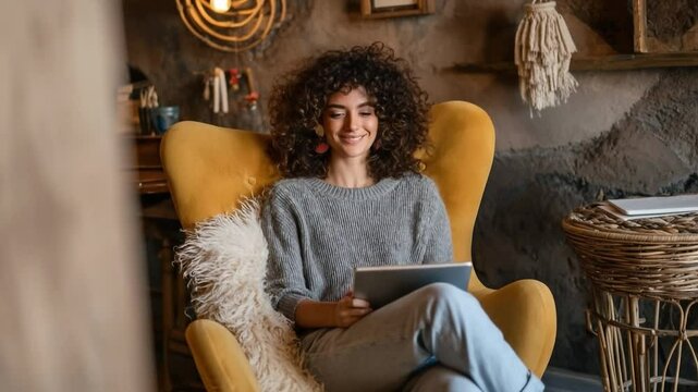 Woman with curly hair relaxing and using digital tablet while sitting in cozy armchair at home, enjoying leisure time in warm and inviting interior