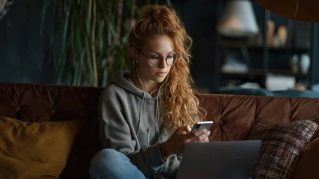 Young Woman with Glasses Uses Smartphone and Laptop while Relaxing at Home in Cozy Living Room Environment