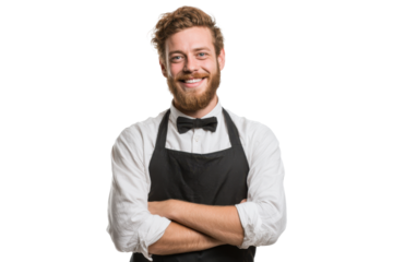 Smiling waiter in black apron ready to serve in a bustling restaurant atmosphere