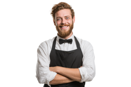 Smiling waiter in black apron ready to serve in a bustling restaurant atmosphere