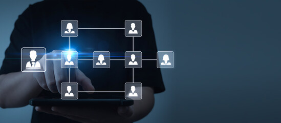 HR management hand choosing virtual employee graphic icon diagram on mobile smartphone, job interview, business marketing, work recruitment, human resource management, job applicant concept