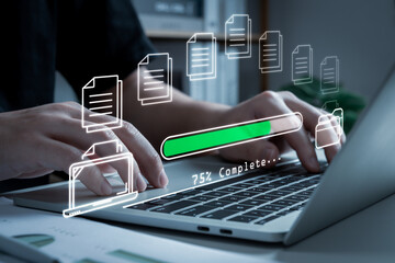 Downloading. business people hand download file transfer on mobile laptop computer, Data Center, cloud computing, backup storage management, artificial intelligence, cloud storage technology concept