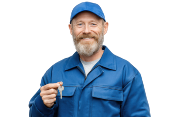 Friendly locksmith portrait showcasing skills with key in hand on clear background