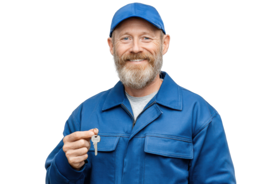 Friendly locksmith portrait showcasing skills with key in hand on clear background