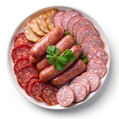 Variety of sliced sausages and whole sausages on a white plate beautifully arranged