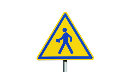 Isolated Yellow and Blue Triangular Pedestrian Crossing Warning Road Sign