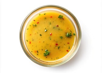 Overhead shot of flavorful homemade vinaigrette dressing in a clear glass bowl
