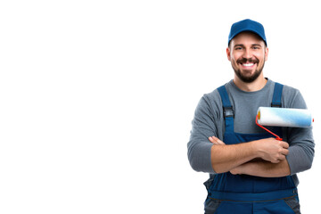 Skilled wall painter wearing blue overalls holding a paint roller, showcasing expertise