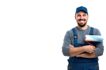 Skilled wall painter wearing blue overalls holding a paint roller, showcasing expertise