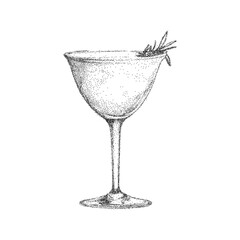 Vintage ink sketch of Italian style cocktail, drink with noisy gritty dot halftone effect. Grunge illustration for classic beverage branding and lounge posters.