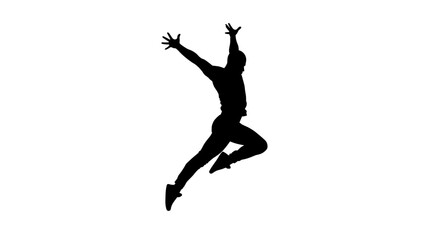 Silhouette of a person jumping, in black, on a white background, concept of freedom, with copy space