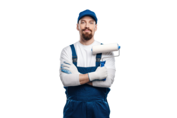 Skilled wall painter showcases expertise with paint roller and confident smile