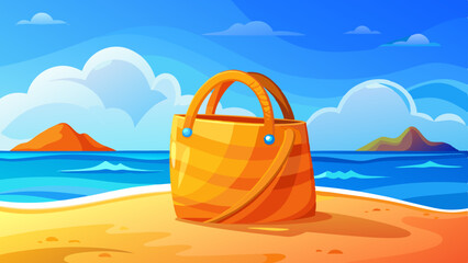 An orange beach bag with curved handles stands upright on soft sand, with the blue sea in the background, symbolizing a perfect summer vacation object and coastal accessory.