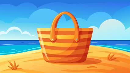 An orange beach bag with curved handles stands upright on soft sand, with the blue sea in the background, symbolizing a perfect summer vacation object and coastal accessory.