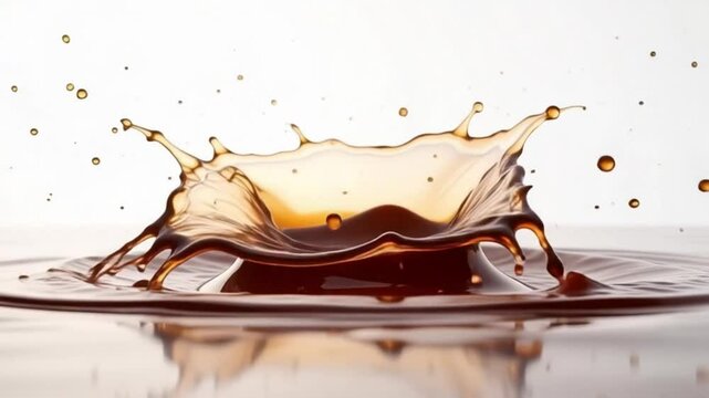 A close up of a dark liquid splashing in a crown shape with droplets against a white background
