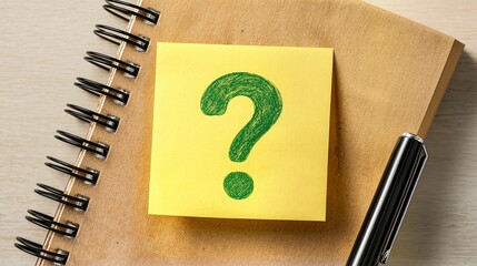 Green question mark doodle on a yellow sticky note on a spiral notebook