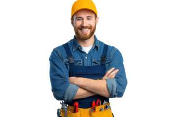 A cheerful locksmith stands with crossed arms, showcasing various tools and expertise